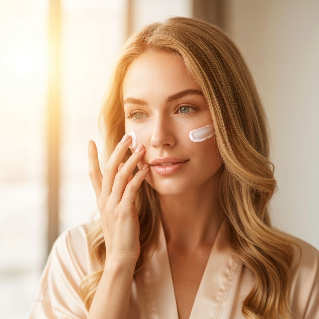 Mujer aplicando crema facial antiedad